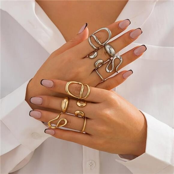 Gold Silver Chunky Ring Set Adjustable Stackable Knuckle Dome Rings Women - Picture 4 of 7